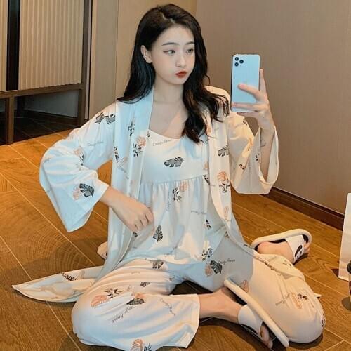3PCS Sexy Long Sleeve 100% Cotton Robes Pajama Sets Women 2020 Autumn Print Sleepwear Suit Pyjamas Homewear Pijama Mujer Clothes