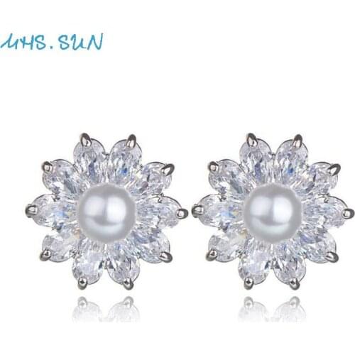 MHS.SUN newest fashion women flower stud earrings luxury zircon jewelry silver color pearl earrings charm christmas gift