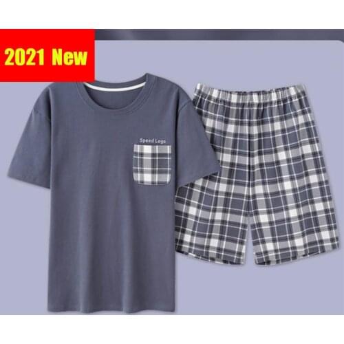 Men Summer Pajama Sets Geometry Print Pajamas With Plaid Shorts Plus Size Casual Comfort Cotton Sleepwear Pyjamas 2021