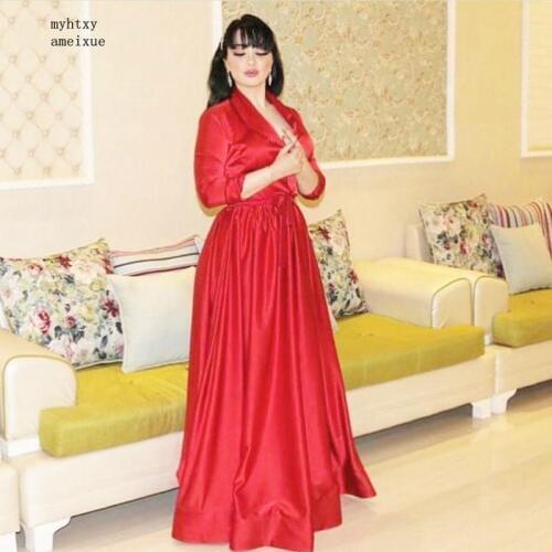 New Arrival Red Long sleeve evening dresses Taffeta Simple evening gown robe de soiree long dress 2020 muslim evening dress