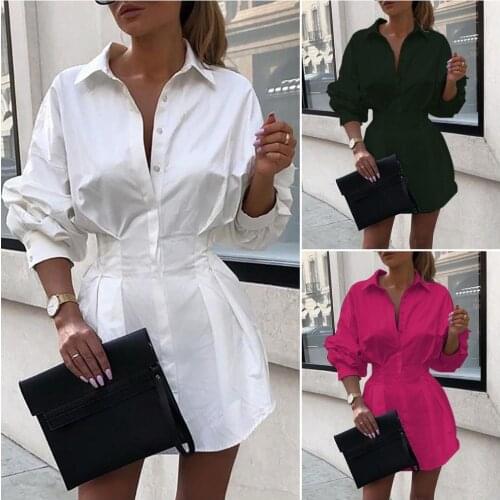 Long Sleeve Shirt Dress 2021 Summer Boho Beach Dresses Women Casual Solid Casual Dress Pocket Button Lace-up Sexy Fuchasia