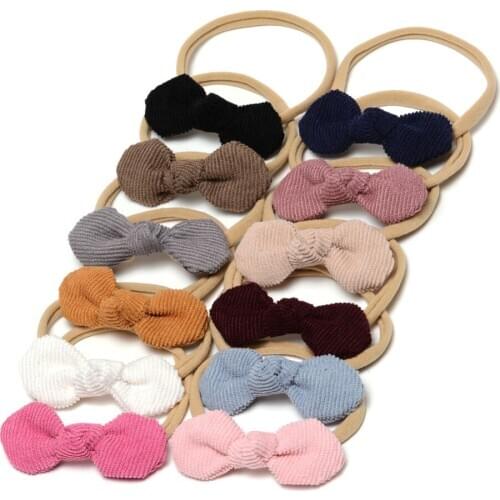 12pcs/lot Corduroy Topknot Baby Bows Headband 3 Inches Fabric Bow Hair Accessories Soft Nylon Hair Bands 12 Colors JFNY096