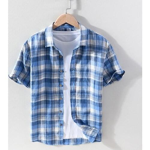 100% Pure Linen Short Sleeve Shirt for Men Summer New Turn-down Collar Tops Male Casual Fashion Clothing Trends Plaid Hemp Shirt