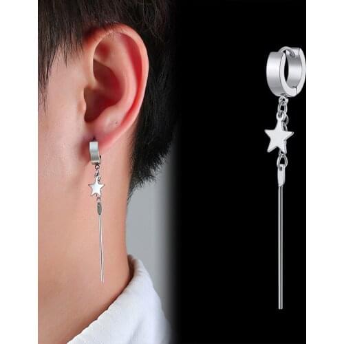 Simple Stars Dangle Earrings for Men,Small Hoop with Bar Drop,Anti Allergy Stainless Steel Punk Gothic Ear Clip Jewelry