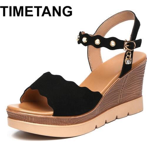 TIMETANGPlus Size 35-43 Pearl Gladiator Sandals Women Summer Shoes Rhinestone Platform Sandals Ladies Wedge Heels Black Green