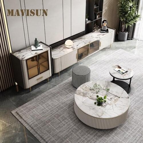High-end White Center Tables For Living Room Mild Luxury Tea Table And TV Cabinet Marble Pattern Small Household Furniture