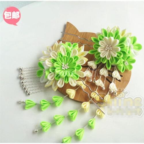 Hand Made Hairpin Cotton Cloth Hair Clip Barrettes Japanese Style Anime Cosplay Custom Made Headdress Green Kimono Fan