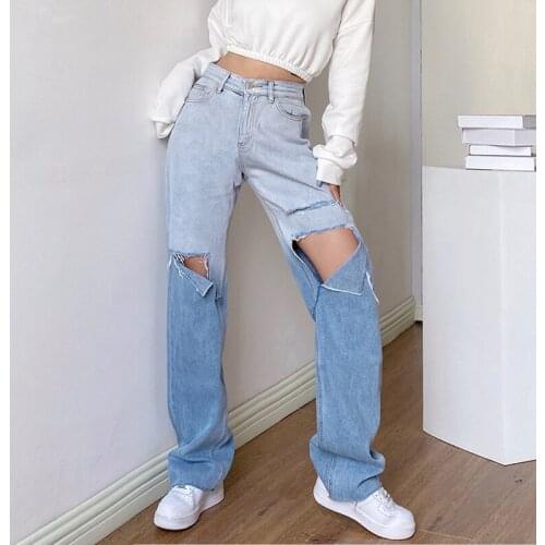 Womens Pants Harajuku Ripped Jeans Korean Fashion Pantalon High Waist Loose Straight Splicing Denim Female Clothing 2021 New