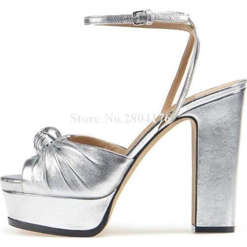 Women Newest Open Toe Silver Leather Knotted Design High Platform Chunky Heel Sandals Ankle Strap Nude Thick High Heel Sandals