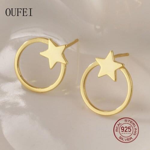 925 Sterling Silver Stud Earring For Women Round Shape Five-Pointed Star Small Earrings Girl Gift 2021 Trend Jewelry Accessories