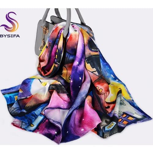 [BYSIFA] Brand Purple Blue Silk Scarf Shawl Ladies Luxury 100% Pure Silk Long Scarves Wraps Foulard Fall Winter Women Neck Scarf