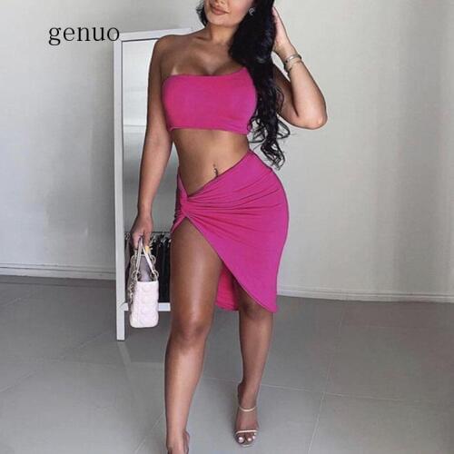 High Waist Split Wrap Dress Women Summer Yellow One Shoulder Crop Top Ruched Sexy Party Club Mini Dresses 2pcs One Set