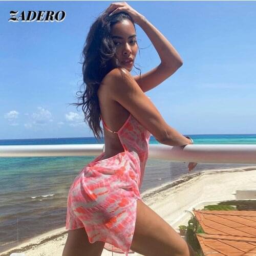 Dresses Women Printed See-through Sexy Halter Beach Blouse Strap Mini Dress Back Cross Bandage Sleeveless Vacation Dress Summer