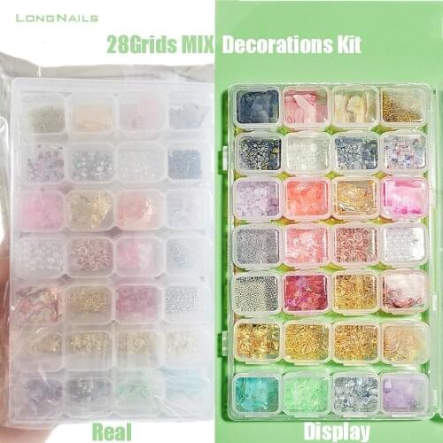 7*4girds LONGNAILS SuperMix Decorations Nail kit 28mini-Box (Shell Piece,Resin Butterful,Rivet,3D Pearl) Bulk Nail Decal Set 12S