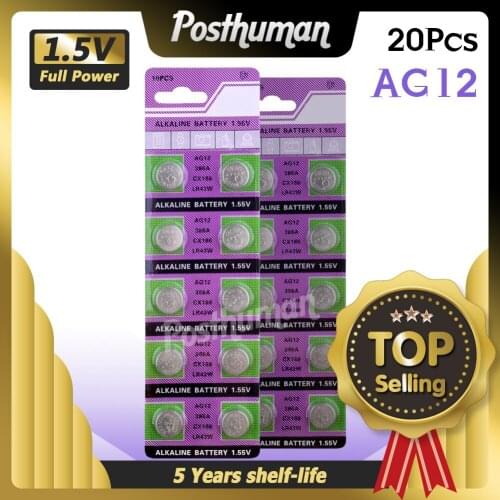 20pieces AG12 Coin Battery Long Lasting G12 386 SG12 LR43 386A 386X CR43 LR1144 RW44 SR1142PW 386B BSR43H SR43H E386 V12GA