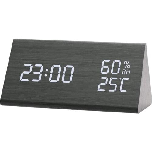 Humidity And Temperature Alarm Clock Triangle Digital Baby Room Wood Clock Mute Luminous Led Electronic Gift