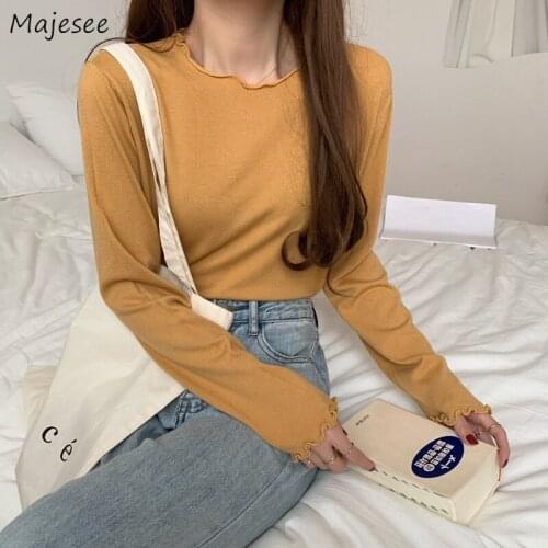 Long Sleeve T-shirts Women Solid Candy Color Wood Ears Slim Leisure Fresh Lovely Soft Tees Fashion Kroean Style Casual Tops Chic