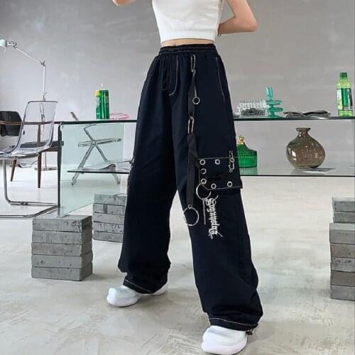 Gothic Harajuku Black Cargo Pants Women Chain Wide Leg Goth Hippie Streetwear White Trousers Loose Female Baggy Fashion