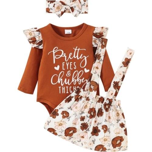 0-24 Months Baby Girls Three-Piece Clothes Set Letters Floral Printed Pattern Romper Suspender Skirt Headdress Infant Girls Set