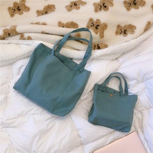 Korean Blue Cotton Shopper Simple Casual Daily Reusable Large Students Eco Recycle Handbag Eco-friendly Top-handle Tote
