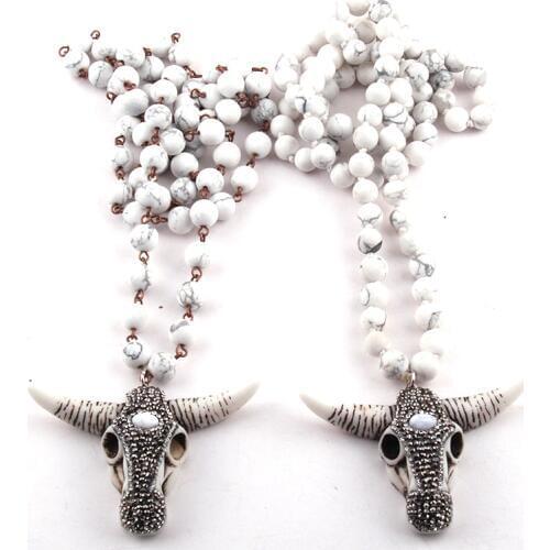 Fashion Bohemian Tribal Jewelry Frosted White Semi Precious Stone Handmake Paved Horn Pendant Necklace Ethnic Necklace