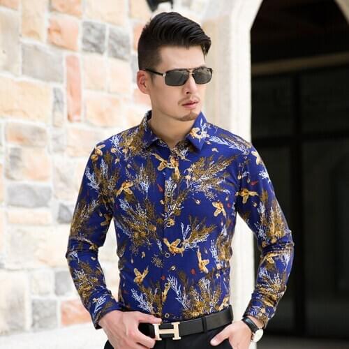 High quality autumn men fashion flower printed long sleeve cotton dress shirts