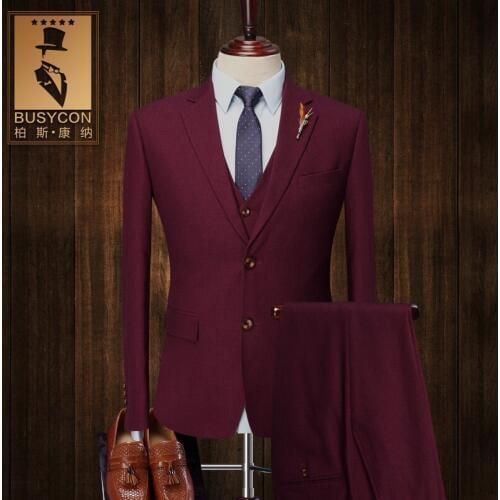 Burgundy Tuxedo Jacket Mens Slim Fit 3 Piece Custom Wedding Groom Red Tuxedo Jacket Trajes Hombre Formal