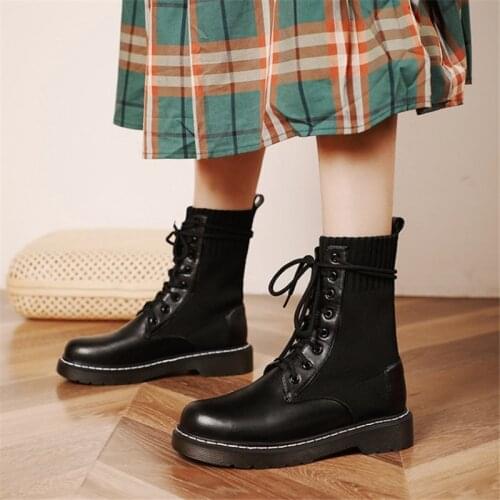 PXELENA Hot Plus Size 34-43 Women Low Heels Military Army Motorcycle Martin Boots PU Leather+Knitting Shoes Comfort Casual Daily