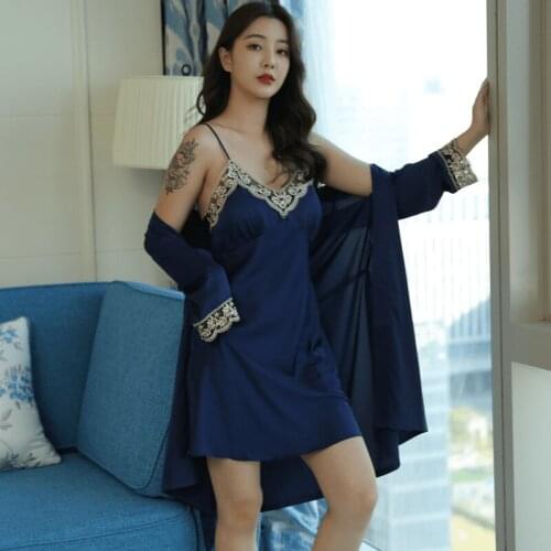 Silk Robe & Gown Set Womens Lace Bathrobe Sexy Hot Erotic Floral kimono Nightgowns Lounge Robes Femme Sleepwear Satin Nighties