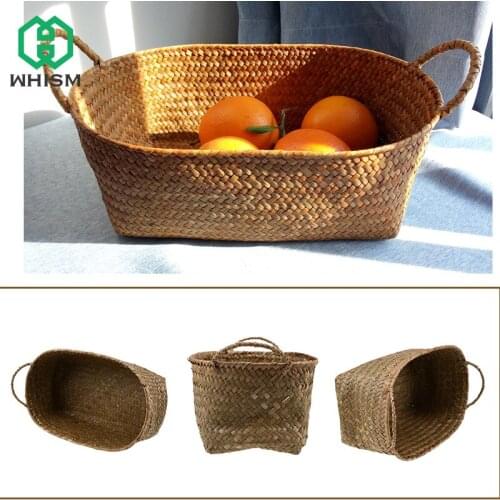 WHISM Straw Storage Baskets Rattan Cosmetics Sundries Basket Fruit Vegetable Snacks Organizing Home Decoration Storage Boxes