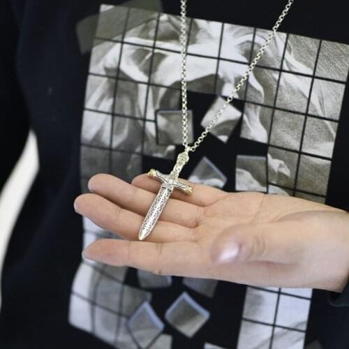 S925 Sterling Silver Vintage Silver Pendant for Men Punk Rock Style Pattern Sword Shape Retro Silver Pendant Male Jewelry