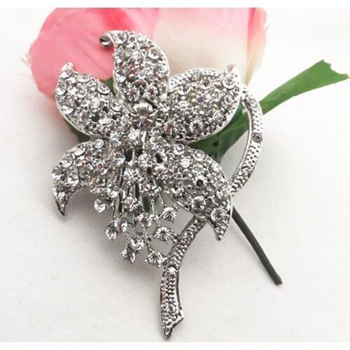 Vintage Silver Plated Big Flower Brooch With High Quality Czech Crystal Elgant Wedding Broaches
