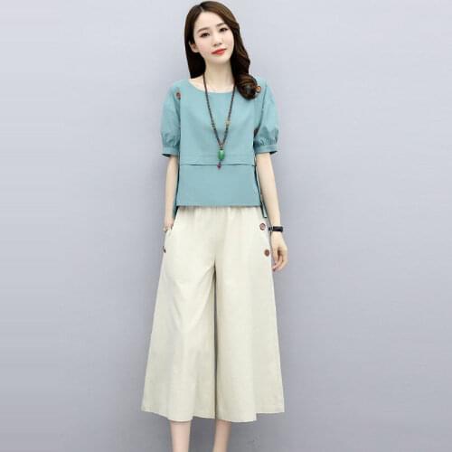Women 2020 Summer Causal Set Short Sleeve Round Neck TShirt Tops + Loose Wide Leg Pants Fashion 2 Piece Sets Womens Outfits W258