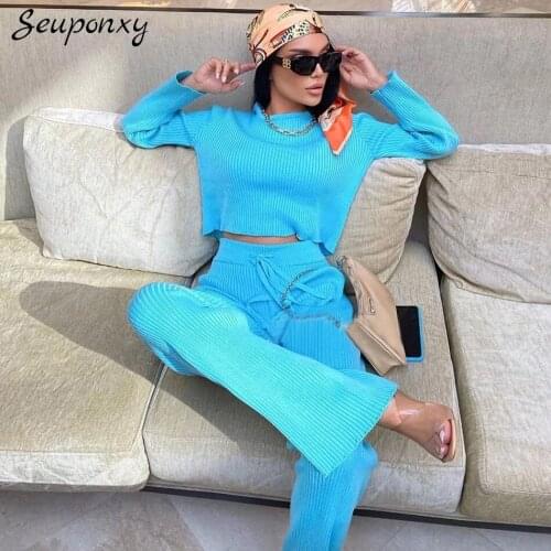 High Quality WomenS Loose Knit 2 Two-Piece Set 2021 Autumn Sexy O-Neck Long-Sleeved Short Top + High Waist Pants Casual Set