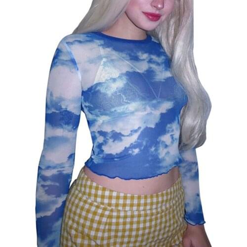 Blue sky white clouds pattern printing slim Tops long sleeve mesh top women crop top t shirt harajuku camisetas mujer