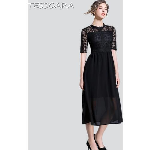 TESSCARA Women Long Elegant Lace Dress Festa Female High Quality Office Party Robe Femme Designer Casual Black Chiffon Vestidos