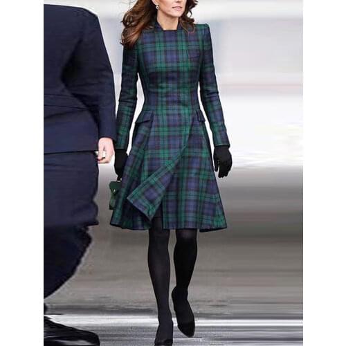 Princess Kate New Designer Spring Autumn Womens Coat Dress High Quality Elegant Vintage Party Office Casual Plaid Midi Dress