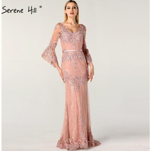 Sexy V-neck Long Sleeve Lace Mermaid Evening Dresses 2020 See Through Formal Dress Party Gowns Arabic Robe De Soiree BLA60710