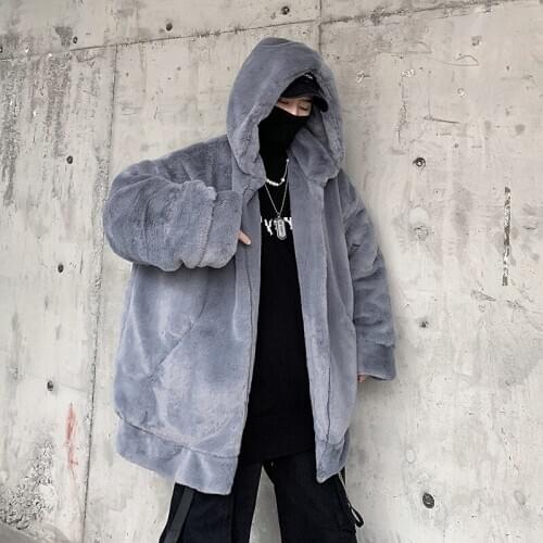 Winter Mens Plush Warm Loose Parkas Coat Hooded White Gray Solid Color Thick Outwear Male L9