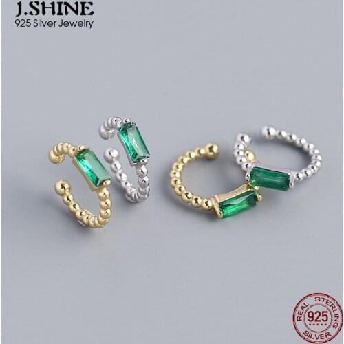 JShine 1PC S925 Sterling Silver Green Square Zircon Ear Clip without Pierced Round Bead Ear Bone Cuff Catilage Fine 925 Jewelry