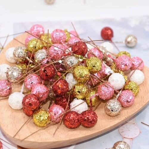 100Pcs 12mm Glitter Foam Cherry Stamens Artificial Small Berries Beads Wedding Christmas Party DIY Gift Box Wreaths Decoration