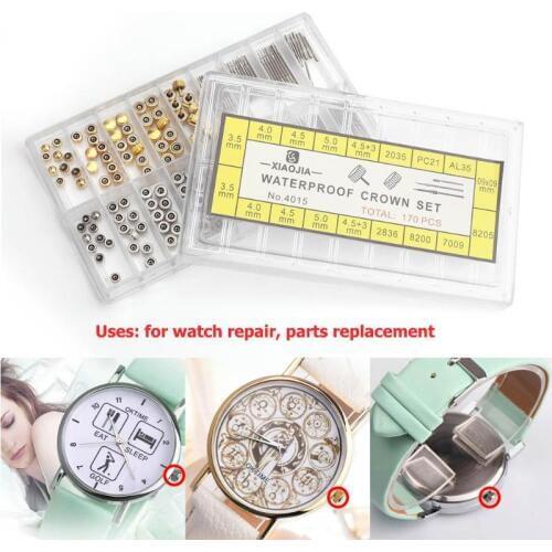 170pcs/box Watch Crown Parts Replacement Assorted Dome Flat Head Watch Accessories Repair Tool Kit Accessories Tool Kits