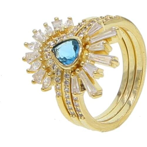 2020 New Trend Gold Color 3pc Set Luxury Charming Ring Coffe Blue Crystal Stone For Women Girl Stacking Ring Jewelry Boho Style