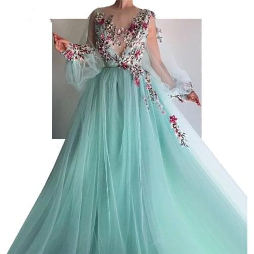 Turquoise Muslim Evening Dresses A-line Long Sleeves Tulle Embroidery Dubai Saudi Arabic Long Evening Gown Prom Dress