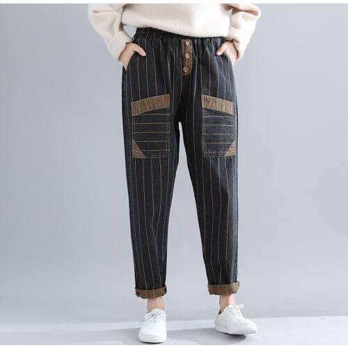 2019 Autumn NEW Womens Pants Casual Office Loose Elastic High Waist Harem Pants Femme Fashion Vintage Striped Trousers R721