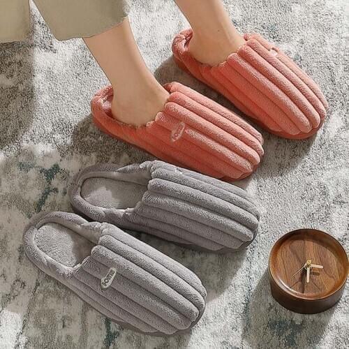 New Couples Home Cotton Slippers Fashion Striped Sewing Warm Plush Slides Shoes Womens Flat Indoor TPR Soled Furry Sandals