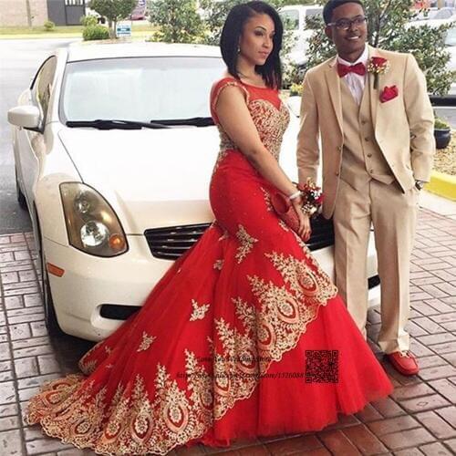 Elegant Red Long Mermaid Evening Dresses Gold Lace African Prom Dress 2017 Robe de Soiree Beaded Special Occasion Dress Women