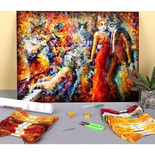 Oil Painting Style Cat Club Printed Canvas 11CT Cross-Stitch DIY Embroidery Set DMC Threads Knitting Handmade Sewing Mulina