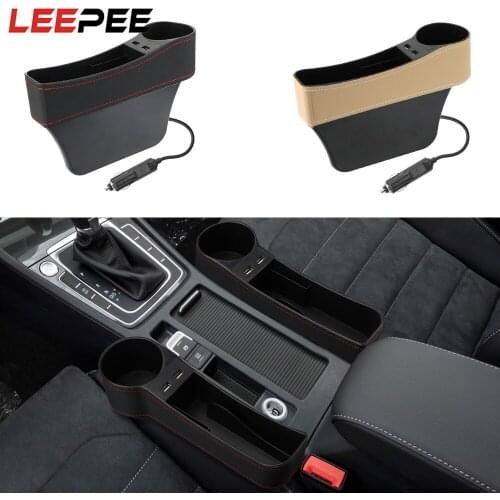 Phone Bottle Cups Holder Box Car Organizer Seat Gap Slit Box Dual USB Charger Car Accessories Leather Car Seat Gap Storage Box