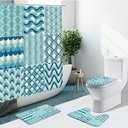 Creativity Geometric Stripes Waves Bathroom Set Shower Curtain Fabric Non-Slip Rugs Flannel Toilet Carpet Cover With Hooks Decor
